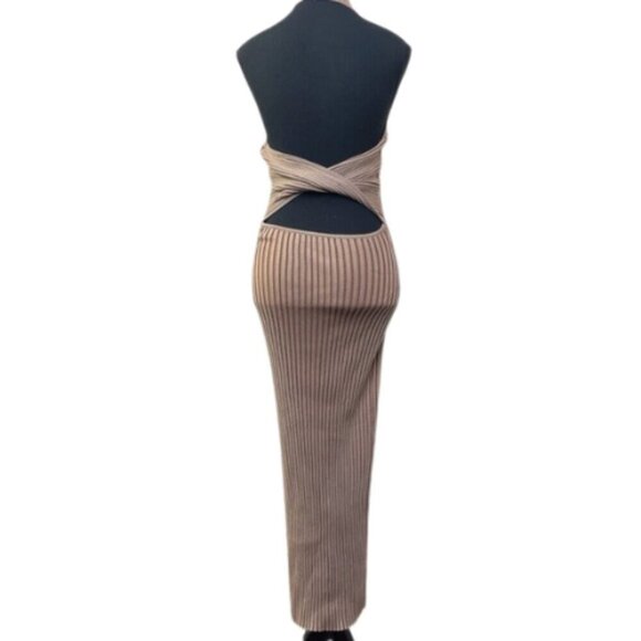 Sovere Womens 6 Halter Neck Bodycon Midi Dress Tan Color - Picture 4 of 7